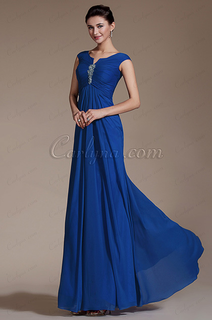 Blue Cap Sleeves Empire Waistline Evening Dress Prom Gown (C00141205)