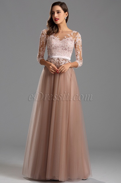 Elegant Long Sleeves Illusion Neck Long Formal Evening Dress 26162546